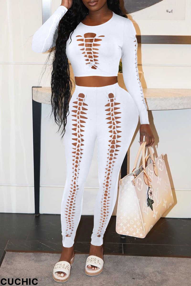 White Sexy Solid Hollowed Out Split Joint O Neck Long Sleeve Two Pieces-CuChic