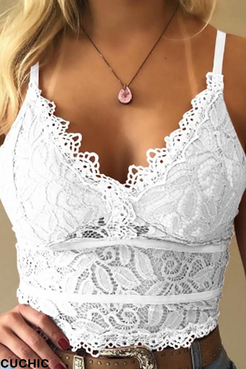 White Sexy Solid Lace Spaghetti Strap Tops-CuChic