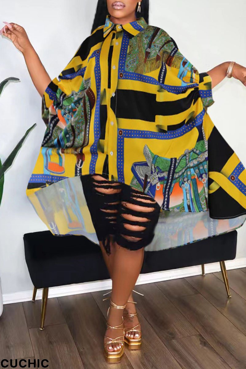 Yellow Casual Print Split Joint Buckle Turndown Collar Tops-CuChic