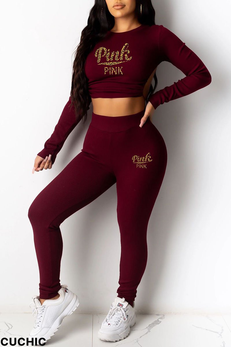 Burgundy Sexy Print Patchwork Frenulum Backless O Neck Three Quarter Two Pieces-CuChic