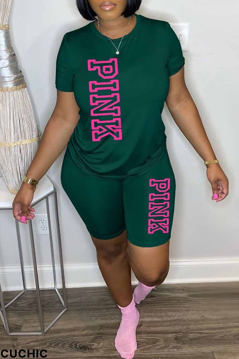 Green Casual Print Letter O Neck Short Sleeve Two Pieces-CuChic