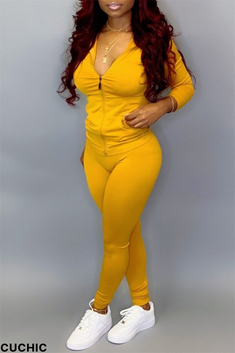 Yellow Fashion Casual Solid Basic Hooded Collar Long Sleeve Two Pieces-CuChic