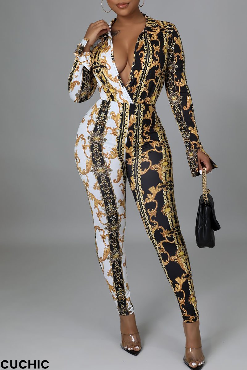 Multicolor Sexy Print Split Joint V Neck Regular Jumpsuits-CuChic