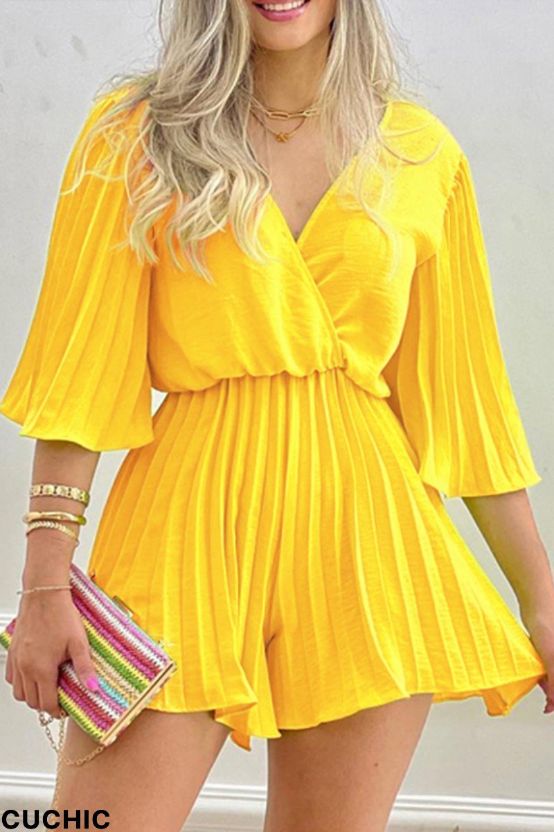 Yellow Casual Solid Patchwork Pleated V Neck Regular Jumpsuits-CuChic