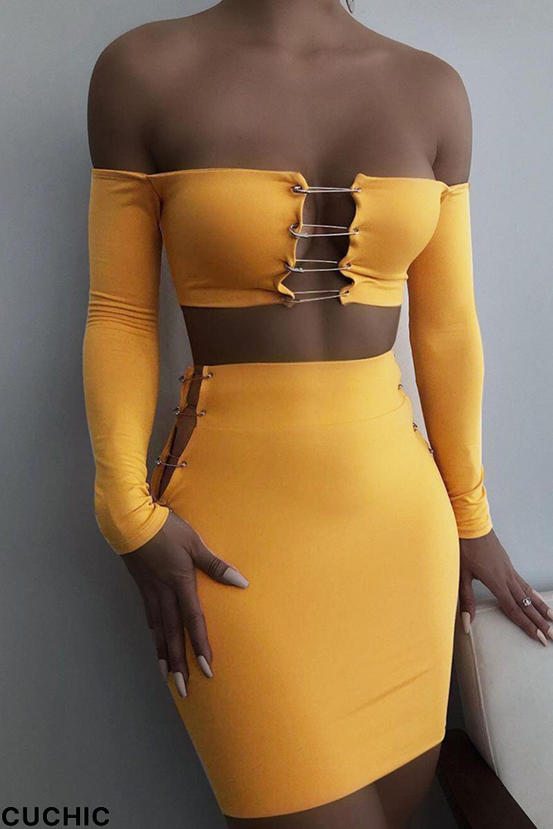 Yellow Sexy Solid Split Joint Off the Shoulder Long Sleeve Two Pieces-CuChic