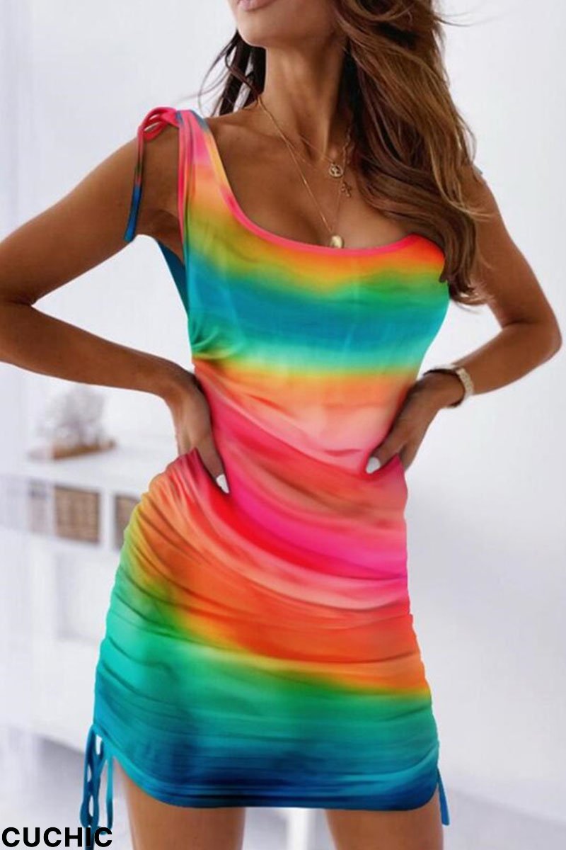 Colour Casual Print Bandage Patchwork Fold U Neck One Step Skirt Dresses-CuChic