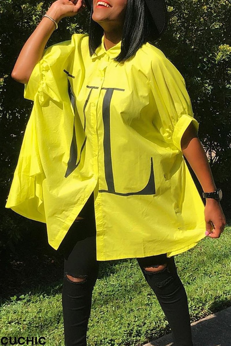 Yellow Fashion Print Patchwork Turndown Collar Tops-CuChic