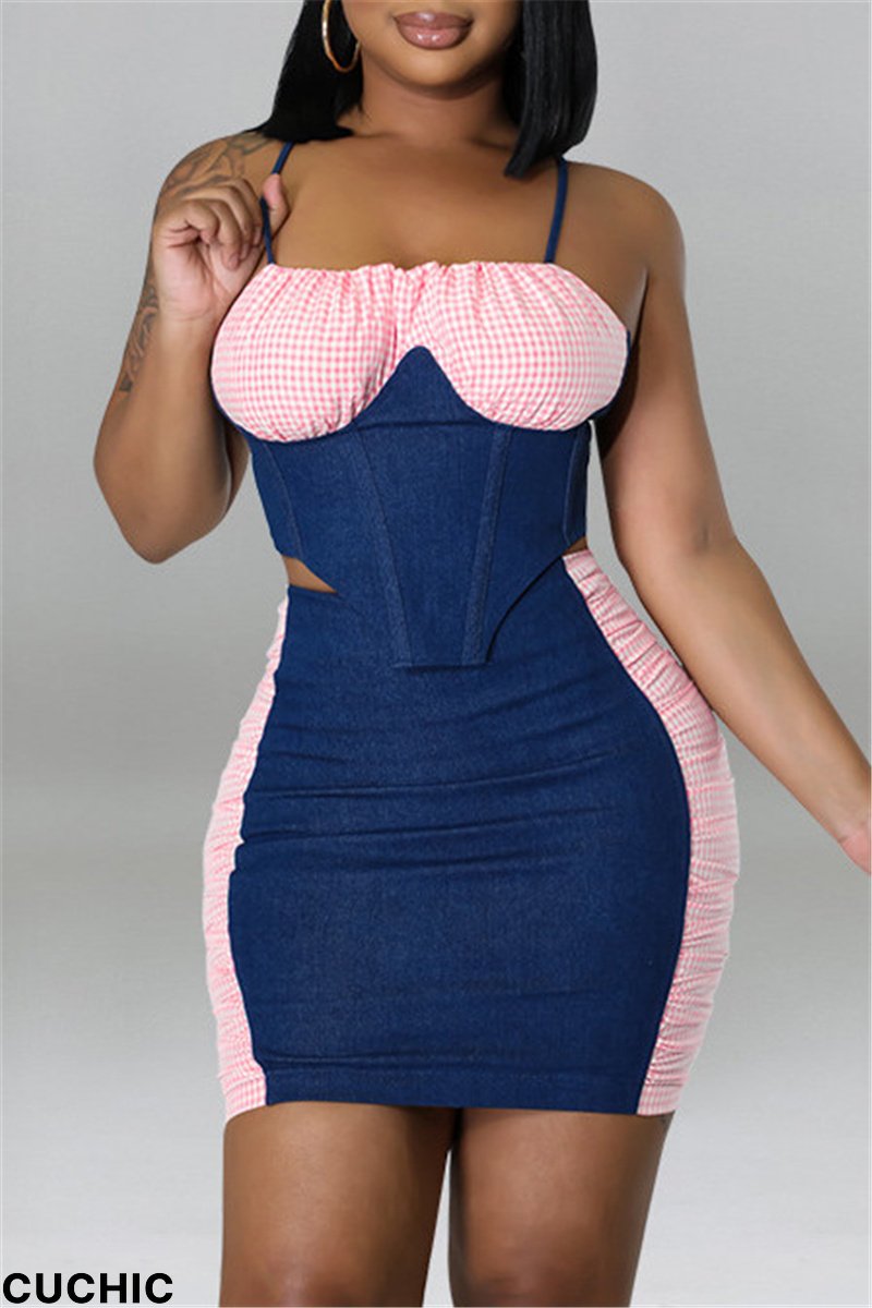 Dark Blue Fashion Sexy Plaid Patchwork Backless Asymmetrical Spaghetti Strap Sleeveless Two Pieces-CuChic