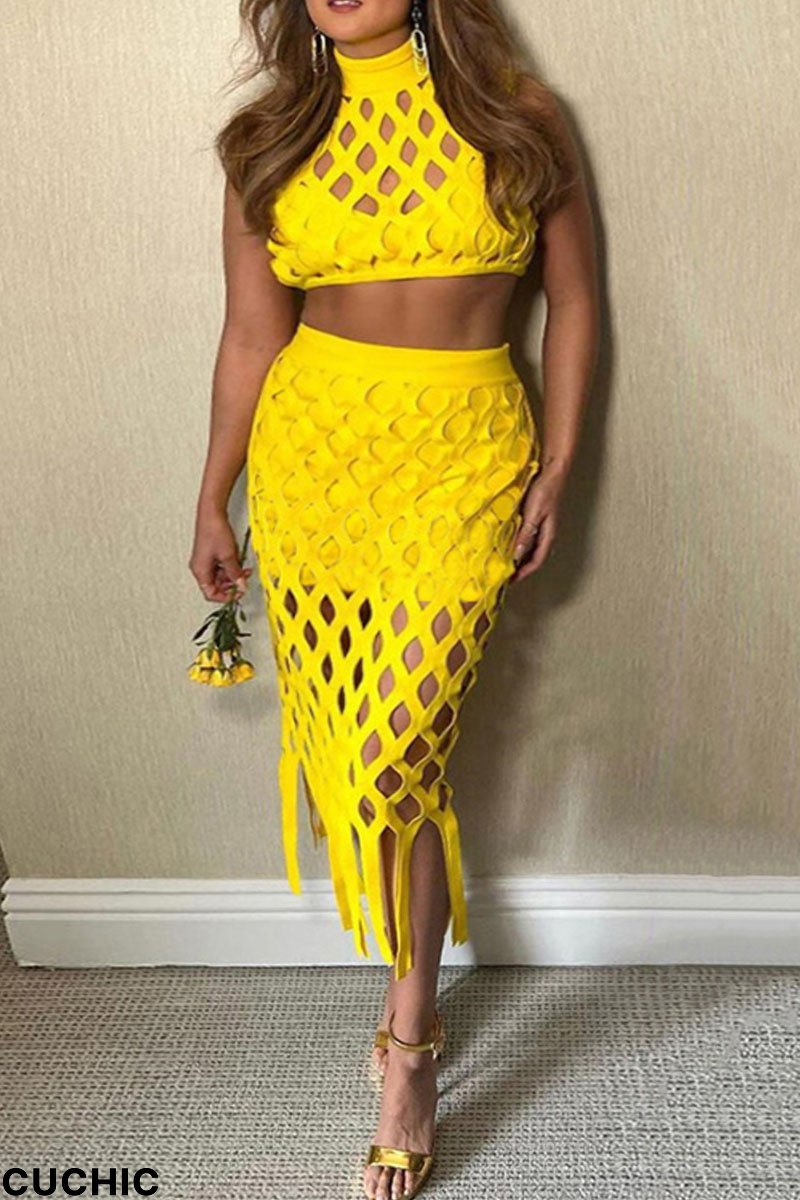Yellow Sexy Solid Tassel Hollowed Out Patchwork O Neck Sleeveless Two Pieces-CuChic