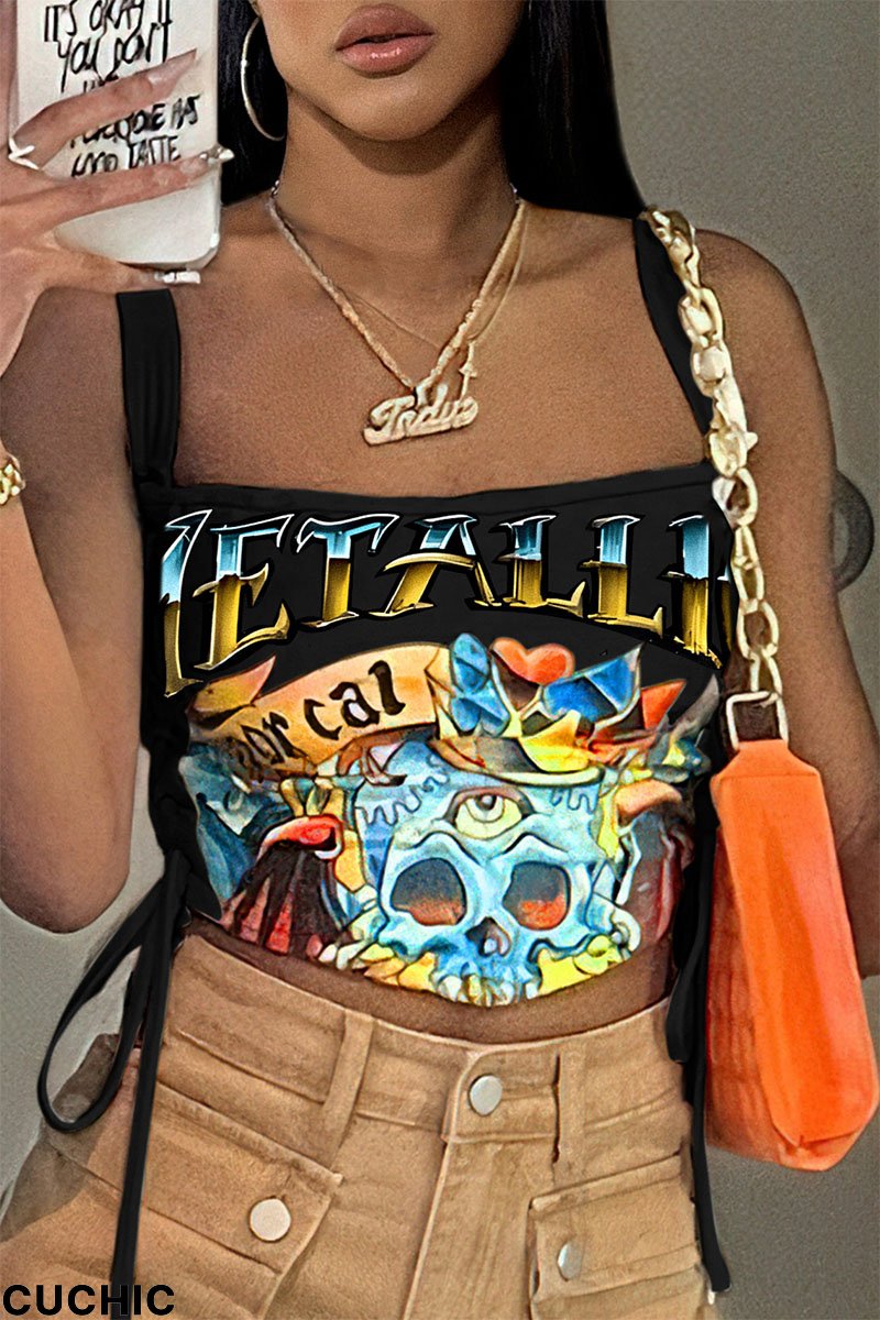 Black Casual Street Cartoon Print Backless Strap Design Spaghetti Strap High Waist Tops-CuChic