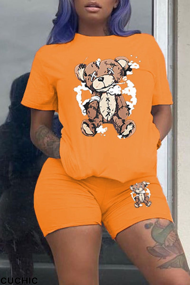 Orange Casual Print Patchwork O Neck Short Sleeve Two Pieces-CuChic