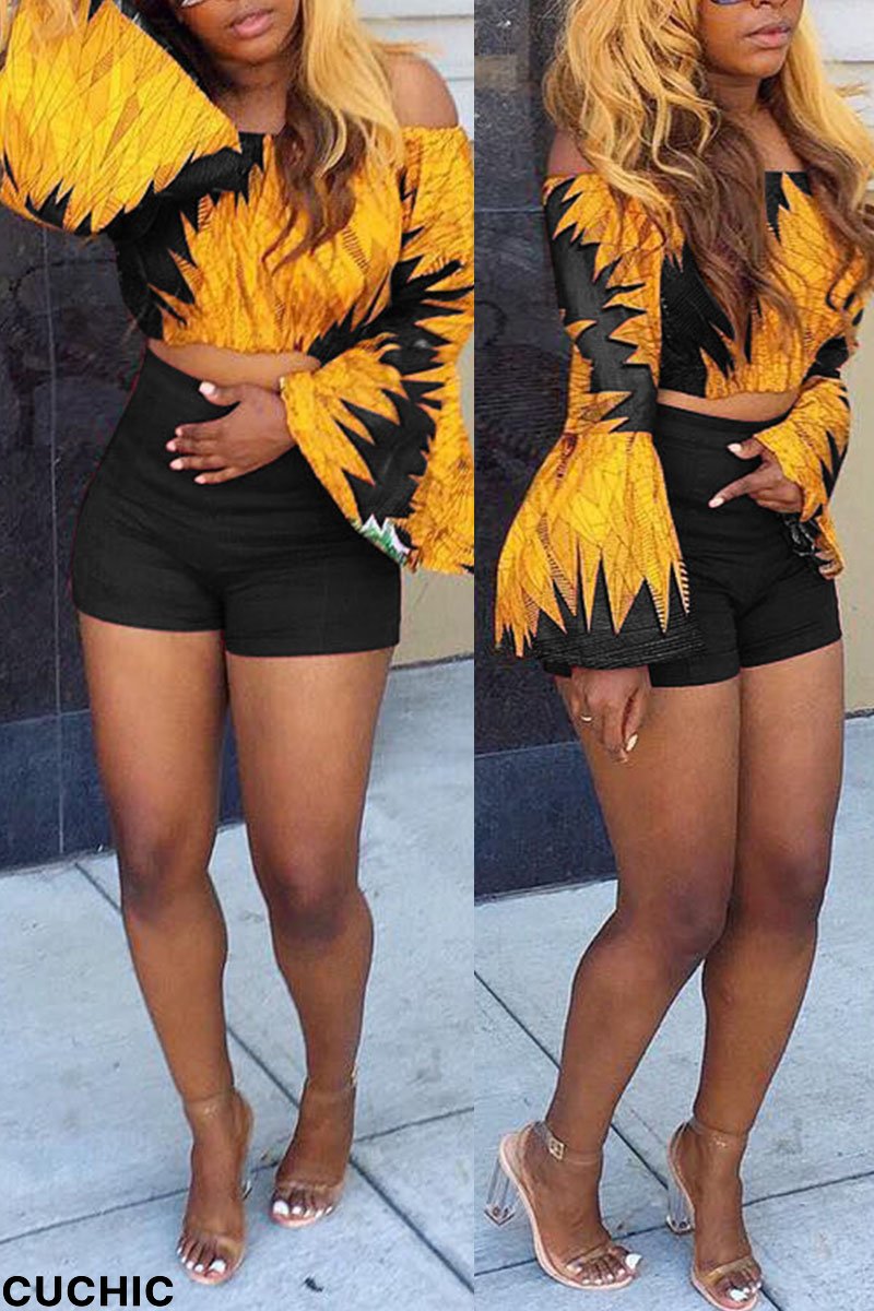 Black Casual Print Patchwork Off the Shoulder Long Sleeve Two Pieces-CuChic