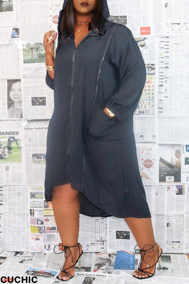 Black Casual Street Solid Split Joint Zipper Hooded Collar Plus Size Overcoat-CuChic