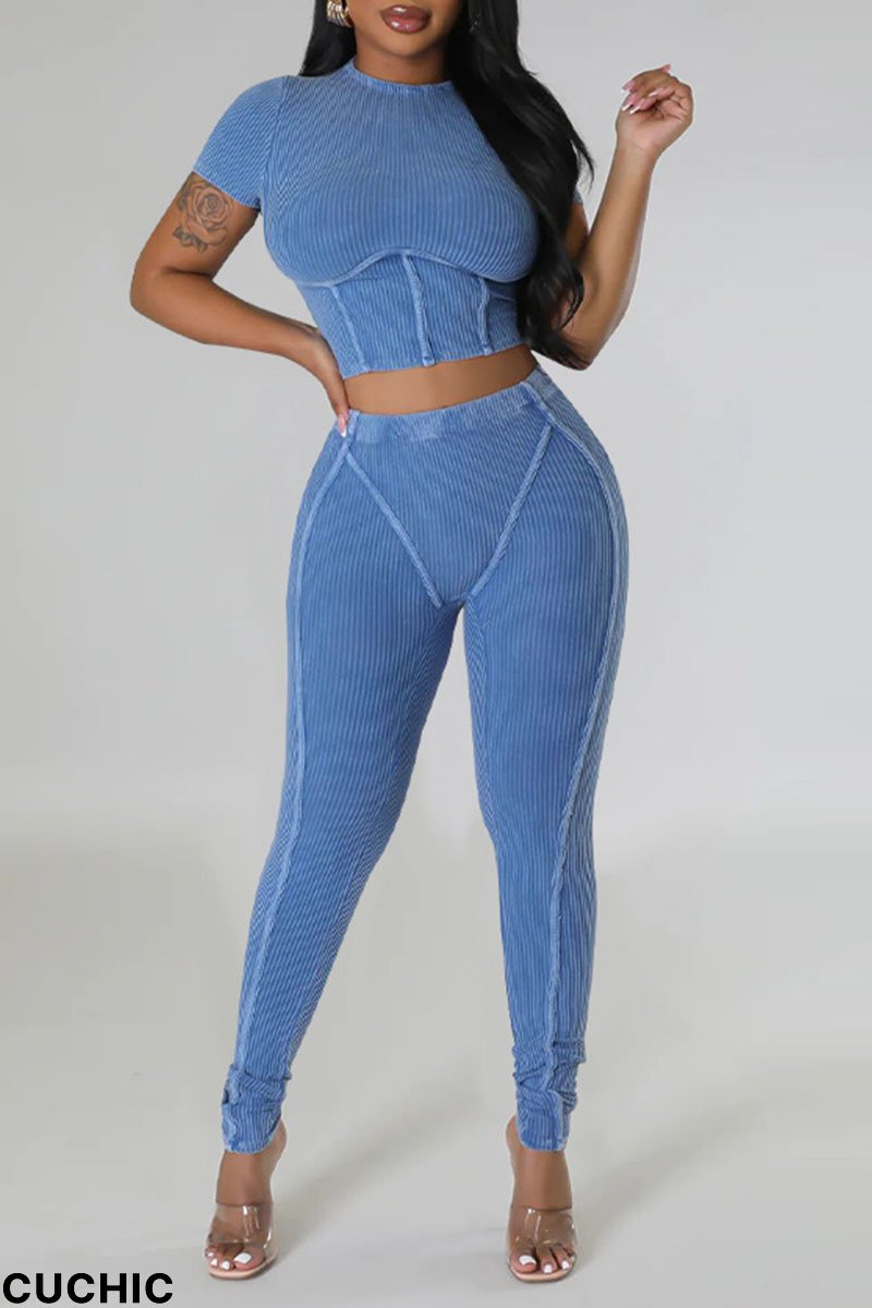 Light Blue Sportswear Solid Patchwork O Neck Short Sleeve Two Pieces-CuChic