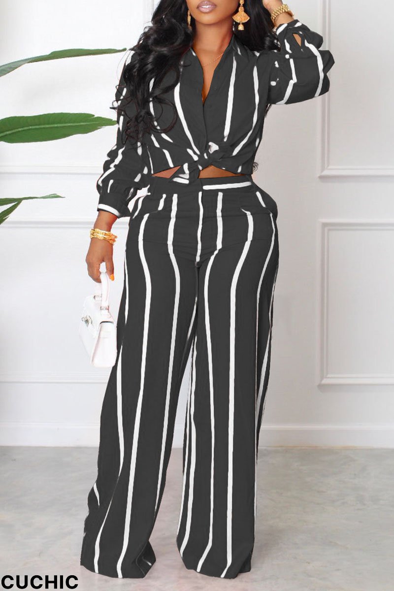 Black Casual Striped Print Patchwork Turndown Collar Long Sleeve Two Pieces-CuChic