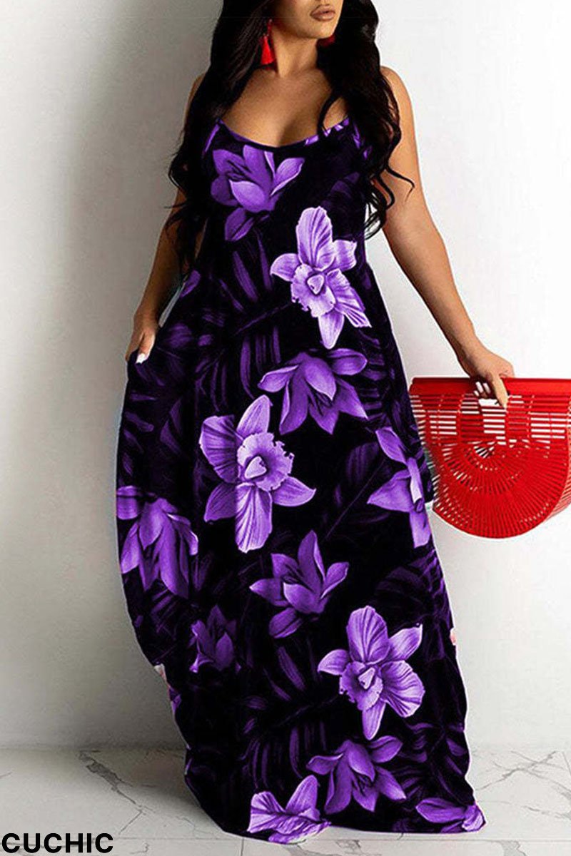Purple Sexy Print Patchwork Spaghetti Strap Sling Dress Plus Size Dresses-CuChic