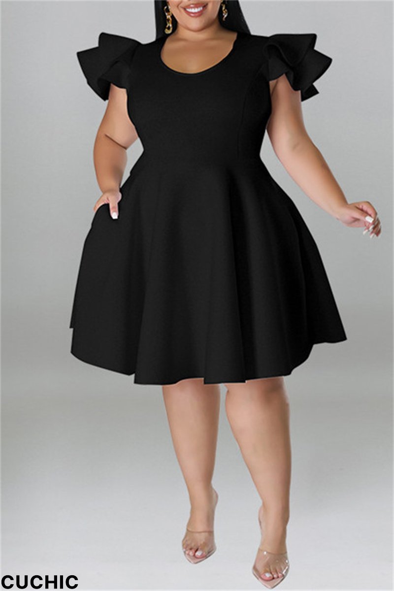 Black Fashion Casual Solid Patchwork O Neck Short Sleeve Dress Plus Size Dresses-CuChic