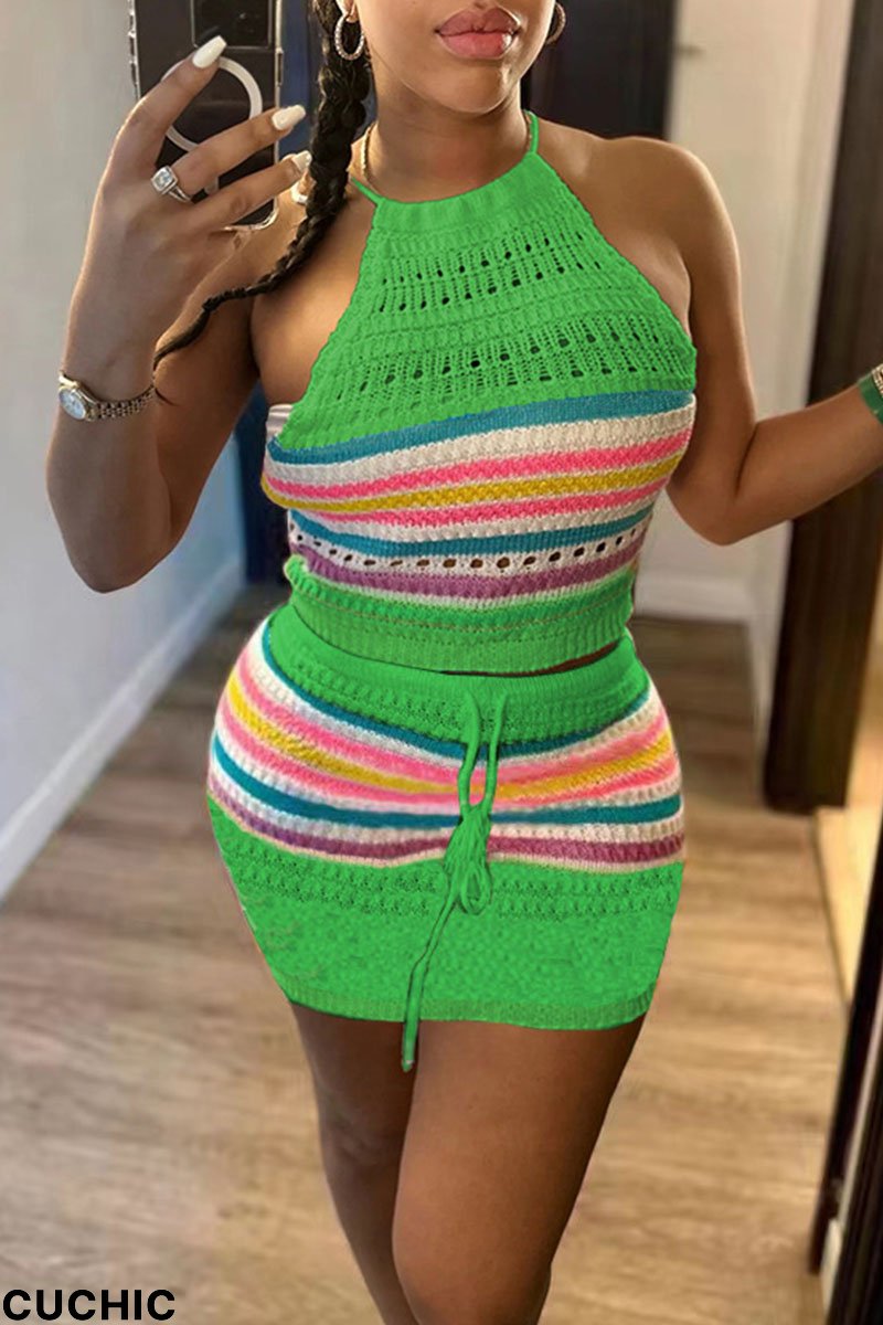 Green Sexy Bandage Hollowed Out Patchwork Halter Sleeveless Two Pieces-CuChic