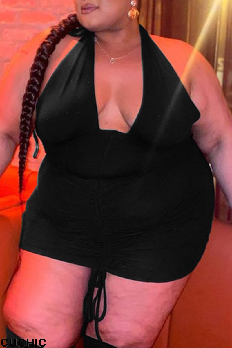 Black Fashion Sexy Plus Size Solid Bandage Backless Halter Sleeveless Dress-CuChic