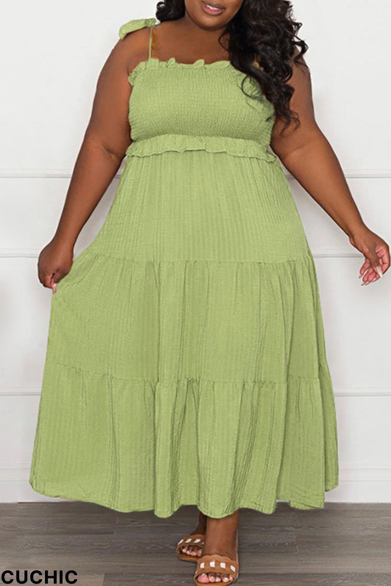 Light Green Casual Sweet Solid Bandage Patchwork Fold Spaghetti Strap Sling Dress Plus Size Dresses-CuChic