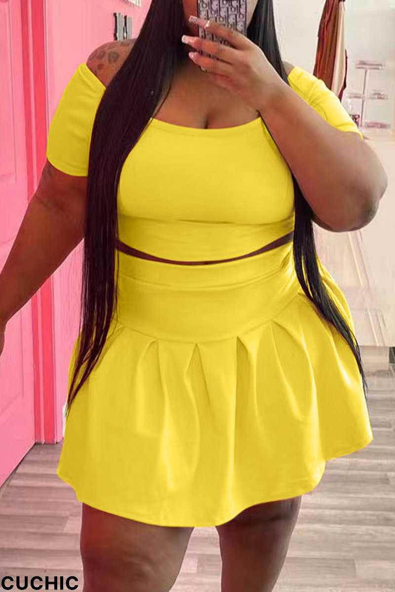 Yellow Fashion Casual Solid Basic O Neck Short Sleeve Two Pieces-CuChic