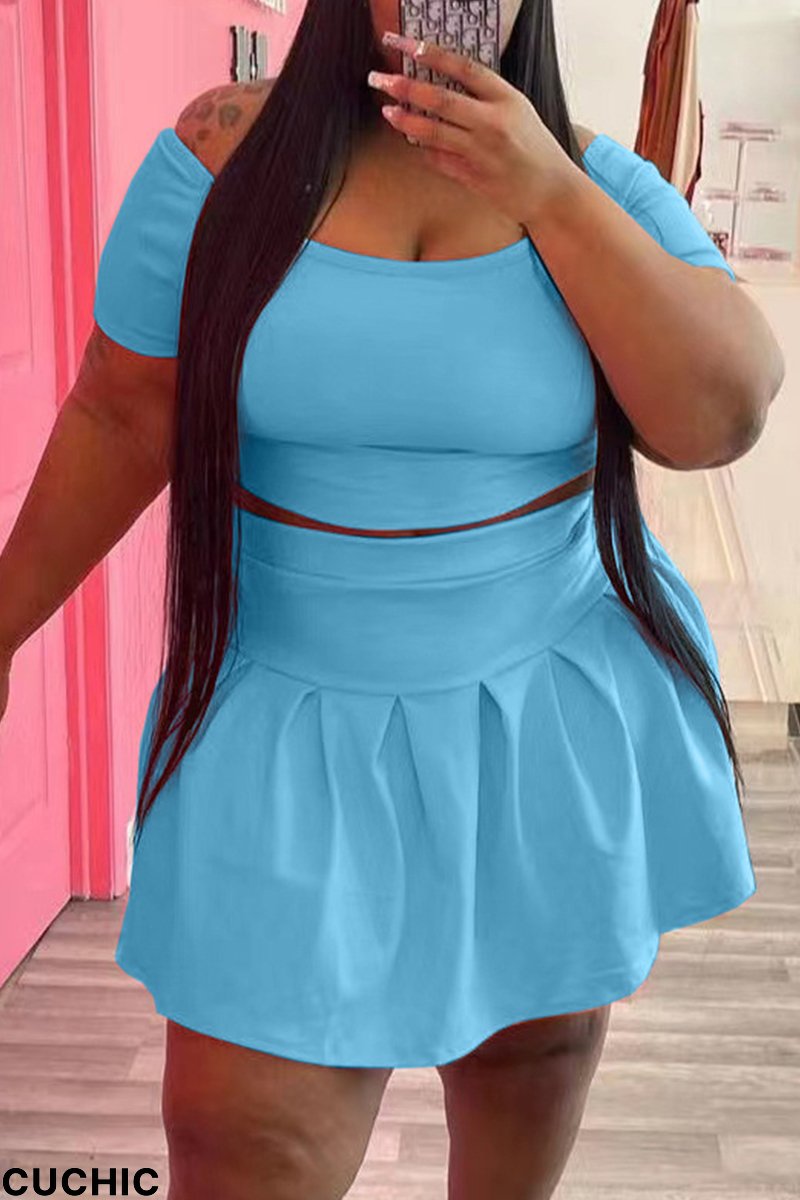 Light Blue Fashion Casual Solid Basic O Neck Short Sleeve Two Pieces-CuChic