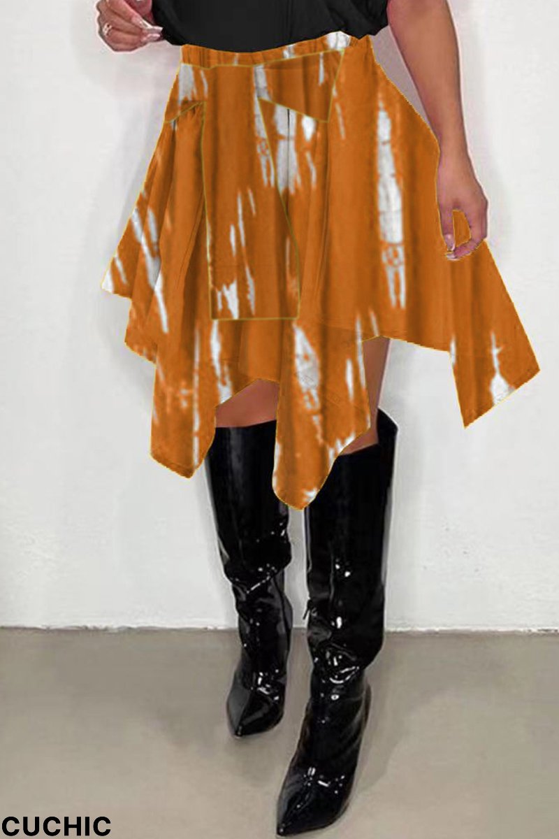 Orange Fashion Casual Print Asymmetrical Regular High Waist Skirt-CuChic