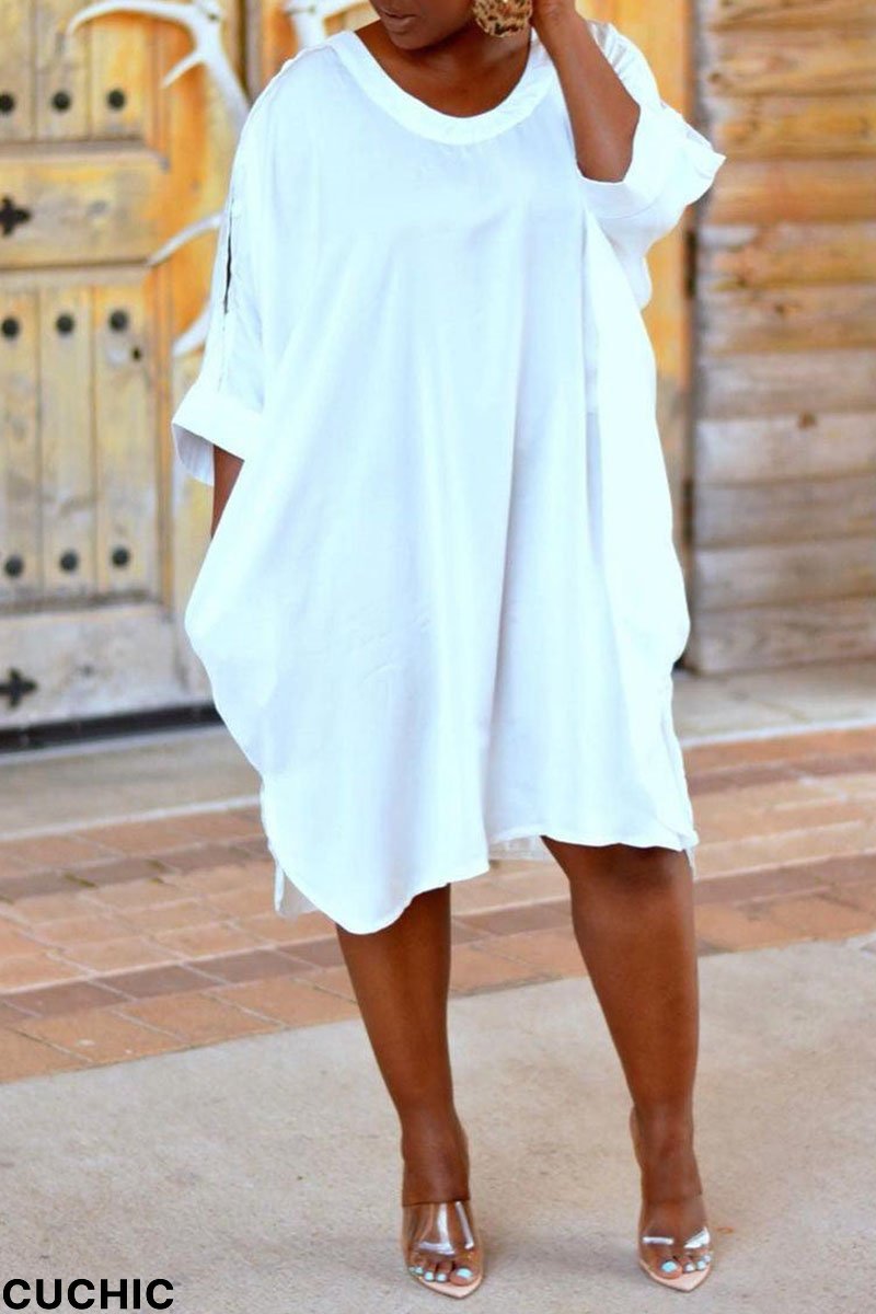 White Casual Solid Hollowed Out Patchwork O Neck Straight Plus Size Dresses-CuChic