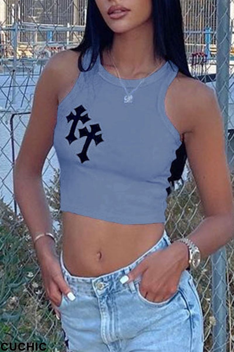 Blue Casual Solid Split Joint Appliques O Neck Tops-CuChic