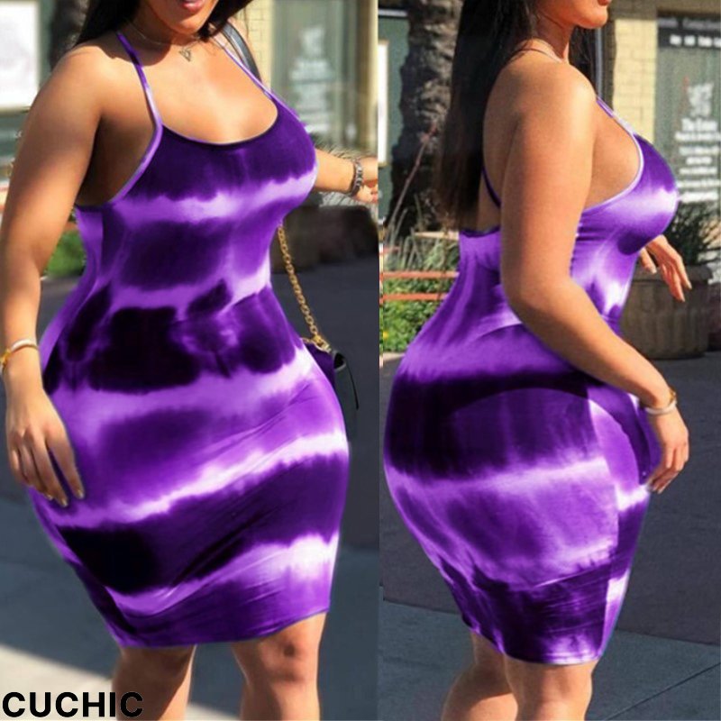 Purple Fashion Sexy Daily Spaghetti Strap Sleeveless Spaghetti Strap Mini Dress Mini Tie Dye Dresses-CuChic