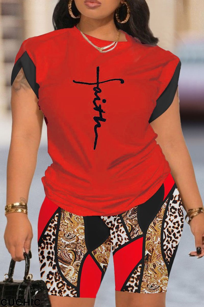 Red Casual Print Patchwork O Neck Short Sleeve Two Pieces-CuChic