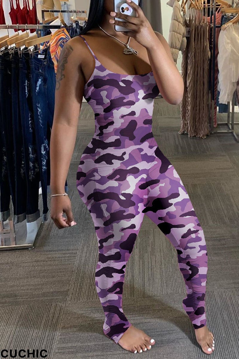 Purple Casual Print Split Joint Spaghetti Strap Skinny Jumpsuits-CuChic