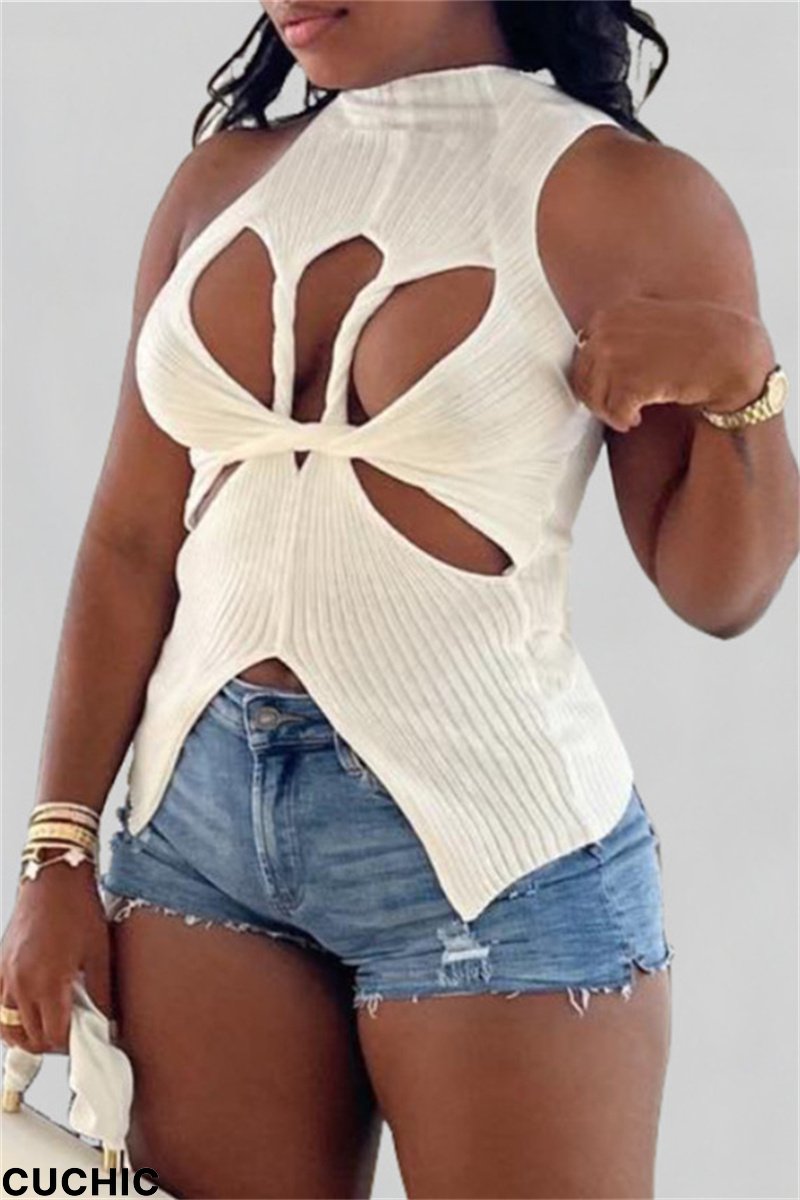 White Fashion Sexy Solid Hollowed Out Split Joint Asymmetrical Turtleneck Tops-CuChic