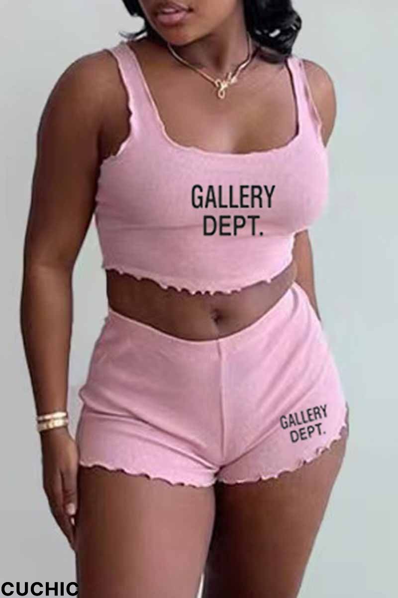 Pink Casual Print Letter U Neck Sleeveless Two Pieces-CuChic
