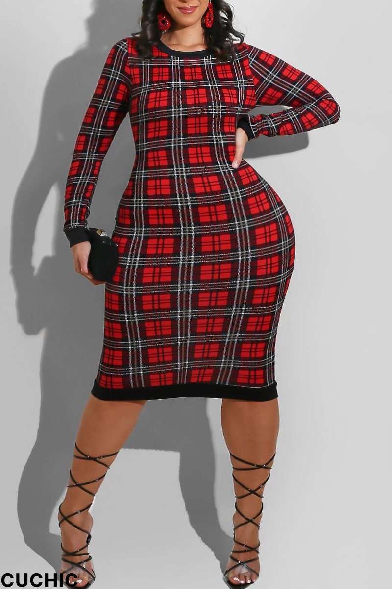 Red Fashion Casual Plaid Print Split Joint Backless O Neck Long Sleeve Plus Size Dresses-CuChic