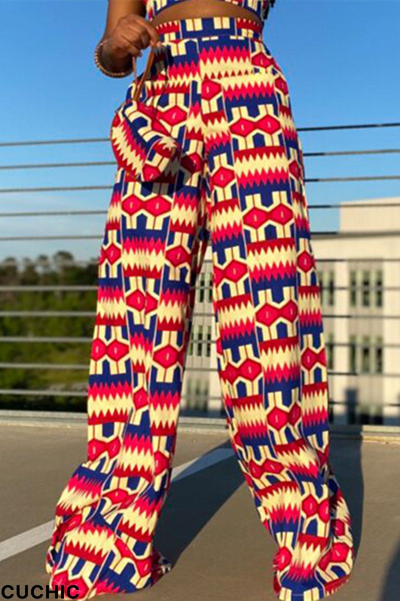 Pink Fashion Casual Print Basic Regular High Waist Straight Trousers-CuChic