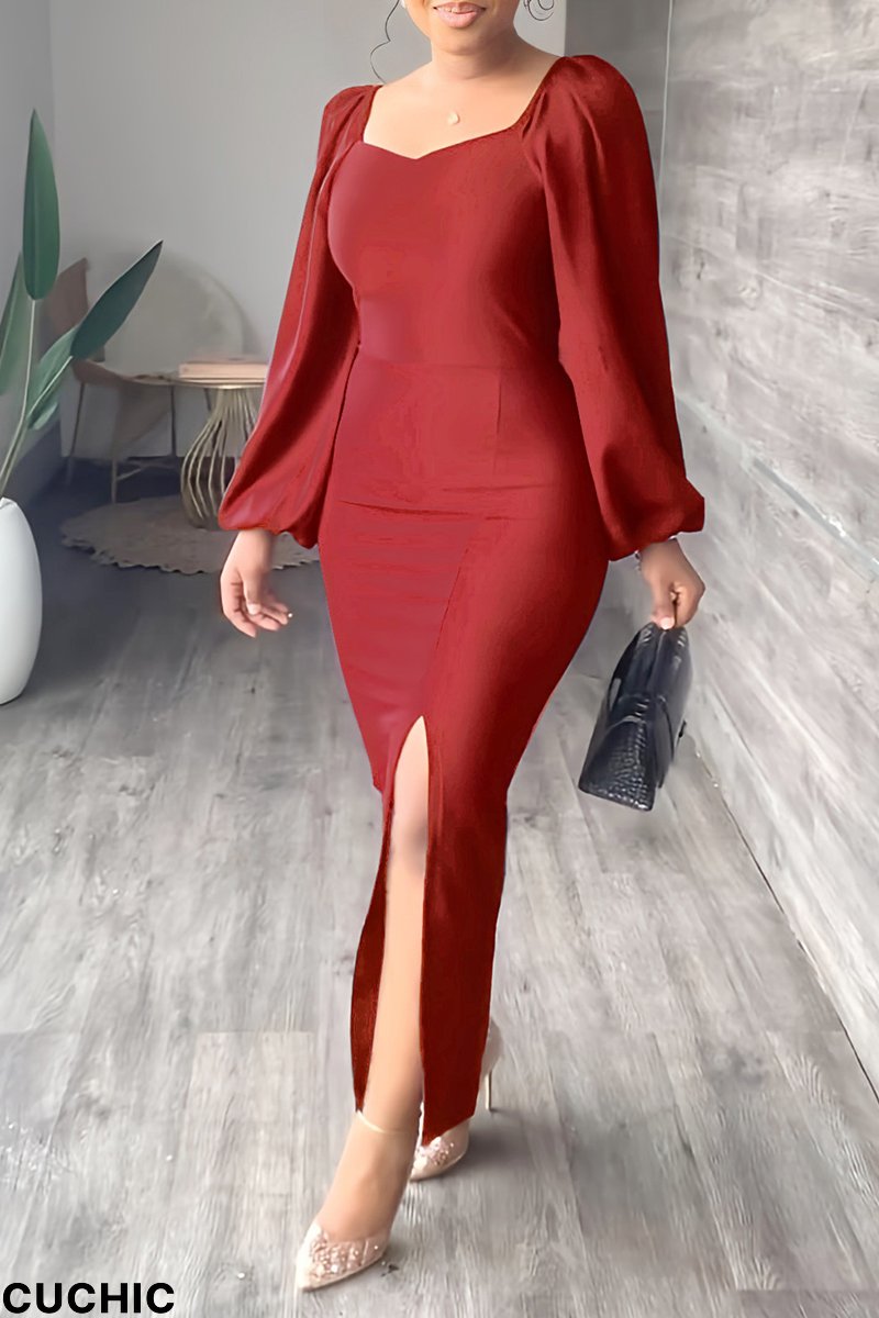 Red Fashion Solid High Opening Square Collar Pencil Skirt Dresses-CuChic