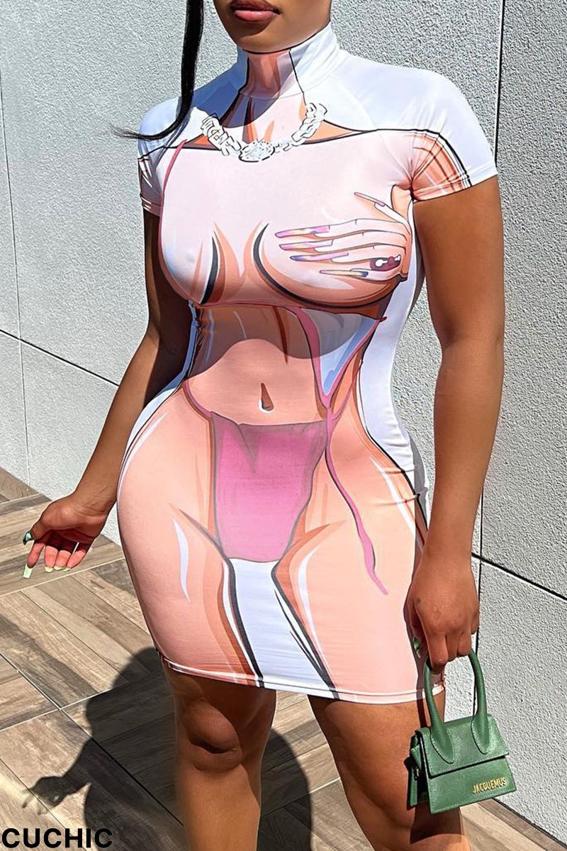 Pink Sexy Print Patchwork Turtleneck Pencil Skirt Dresses-CuChic