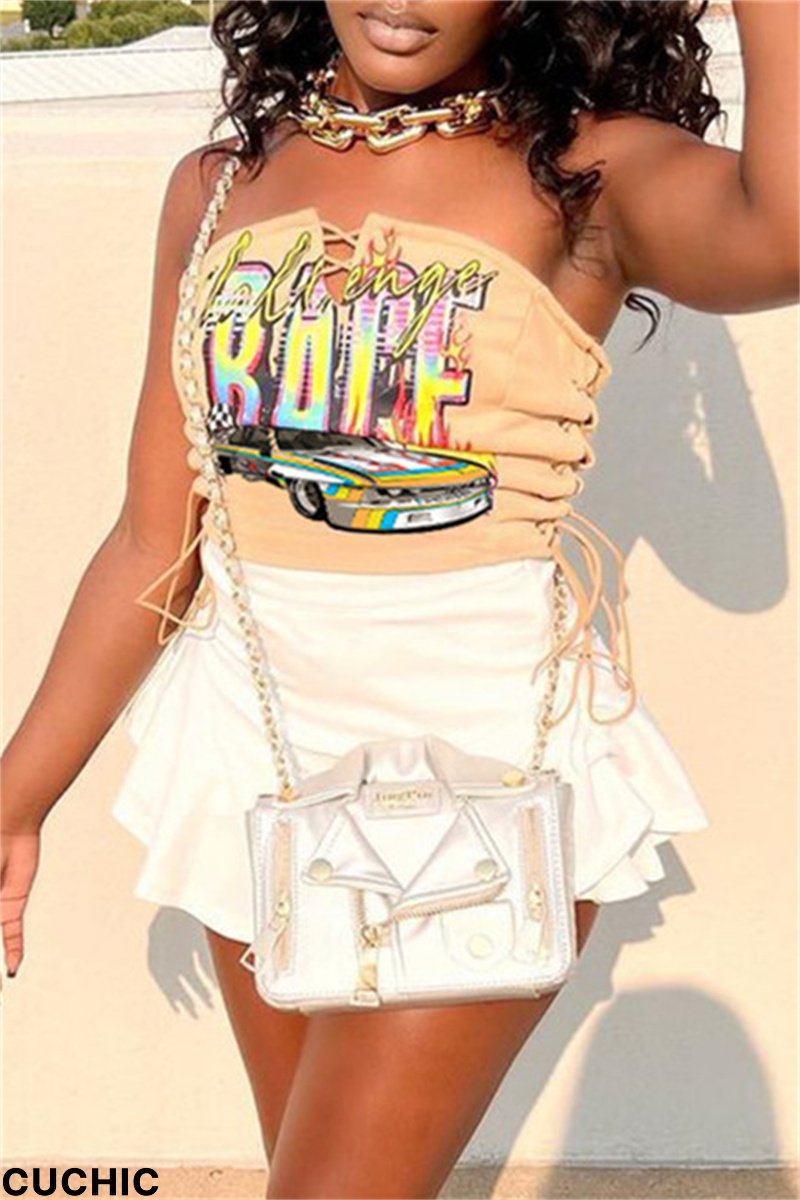 Camel Fashion Sexy Print Frenulum Backless Strapless Sleeveless Two Pieces-CuChic