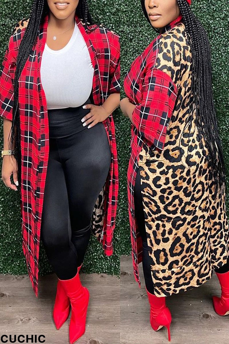 Red Casual Plaid Print Leopard Patchwork Outerwear-CuChic