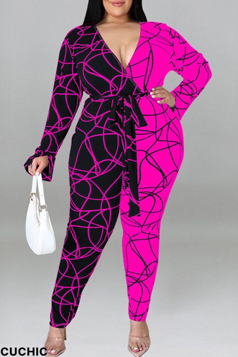 Red Fashion Casual Print Split Joint With Belt V Neck Plus Size Jumpsuits-CuChic