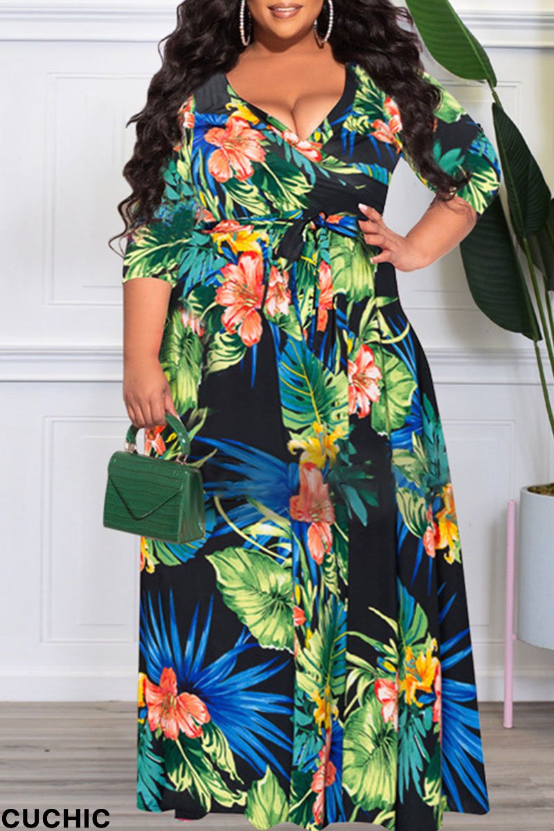 Black Sexy Print Frenulum V Neck Straight Plus Size Dresses-CuChic