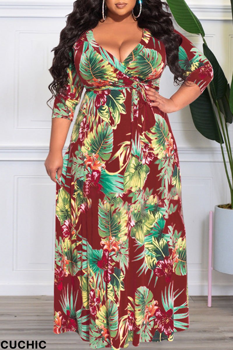 Burgundy Sexy Print Frenulum V Neck Straight Plus Size Dresses-CuChic