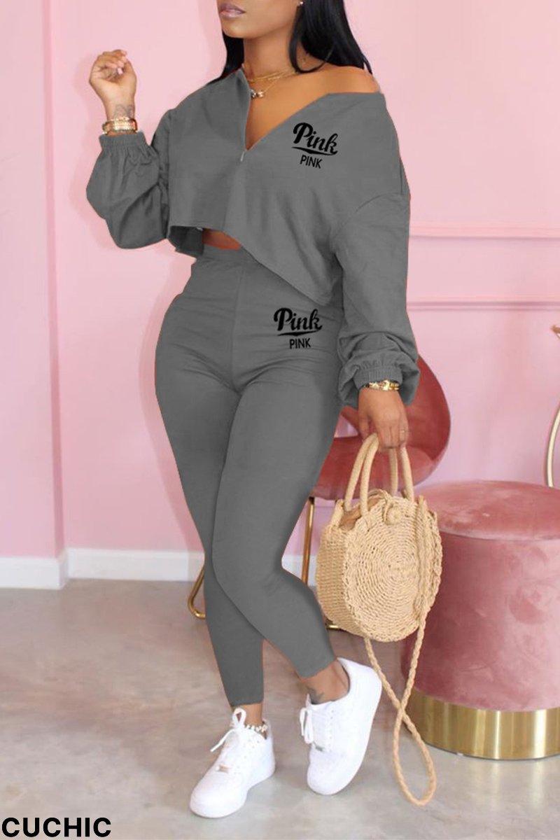 Dark Gray Fashion Print Patchwork V Neck Long Sleeve Two Pieces-CuChic