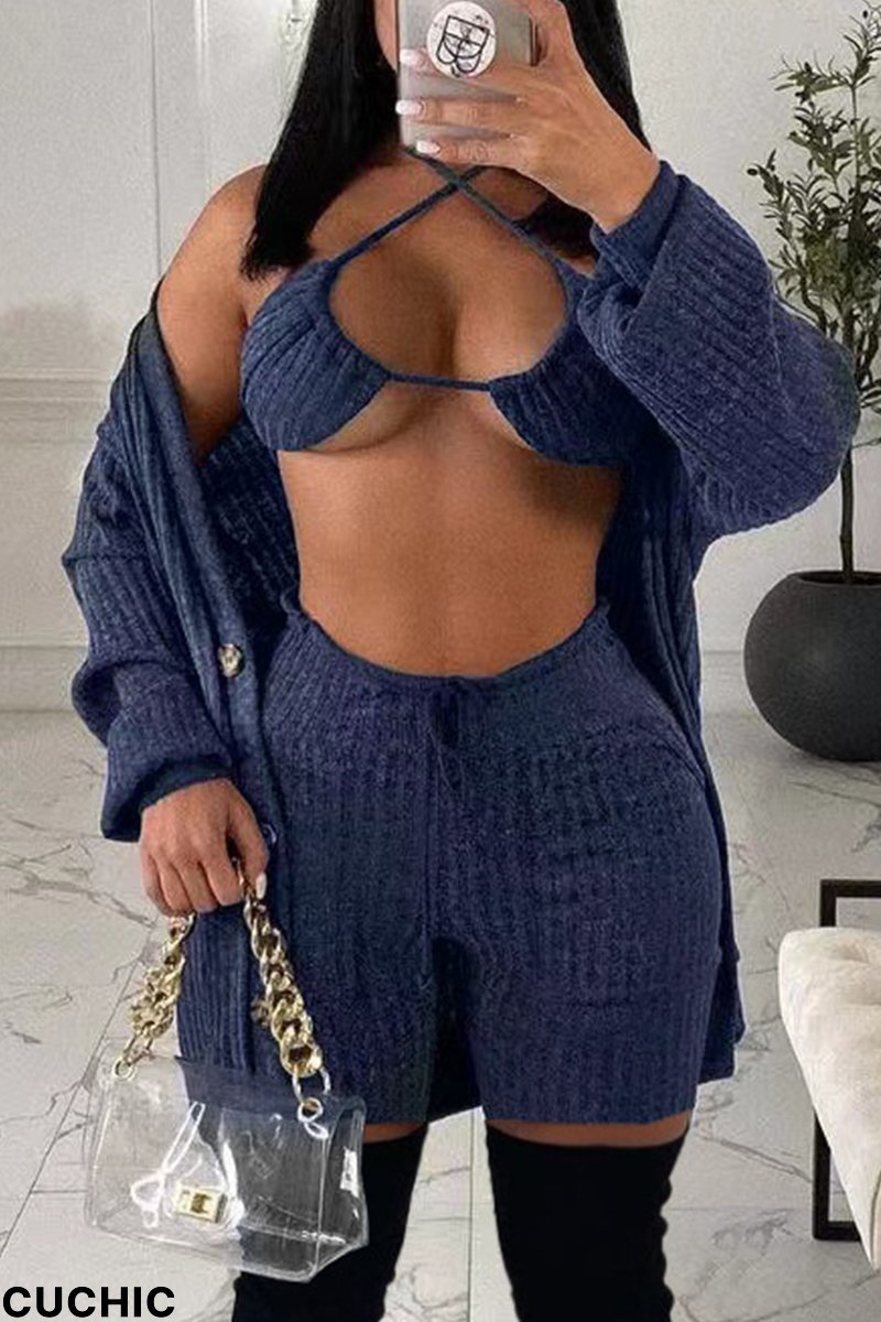 Tibetan Blue Fashion Sexy Solid Basic Long Sleeve Three-piece Set-CuChic
