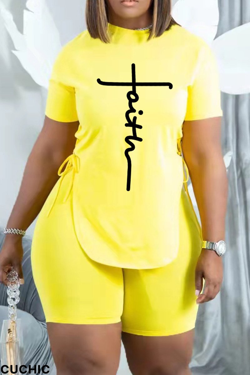 Yellow Casual Print Draw String O Neck Short Sleeve Two Pieces-CuChic