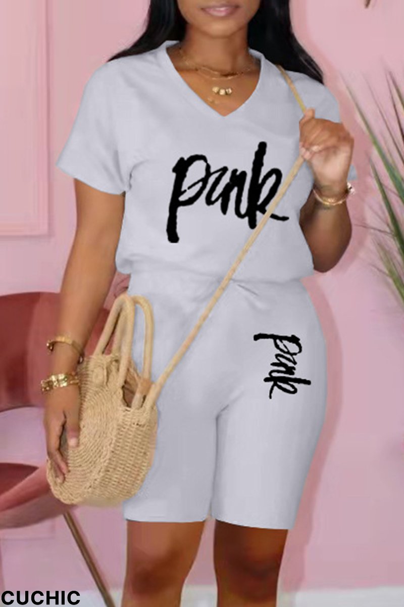 Grey Fashion Casual Letter Print Basic V Neck Short Sleeve Two Pieces-CuChic