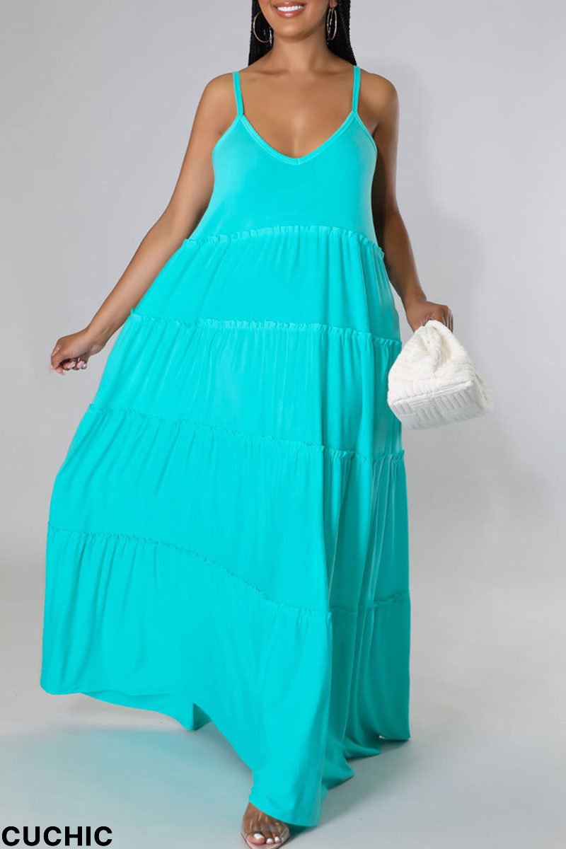 Sky Blue Casual Solid Split Joint Spaghetti Strap Sling Dress Dresses-CuChic