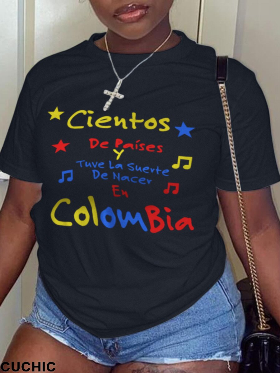 Black Fashion Street Print Letter O Neck T-Shirts-CuChic