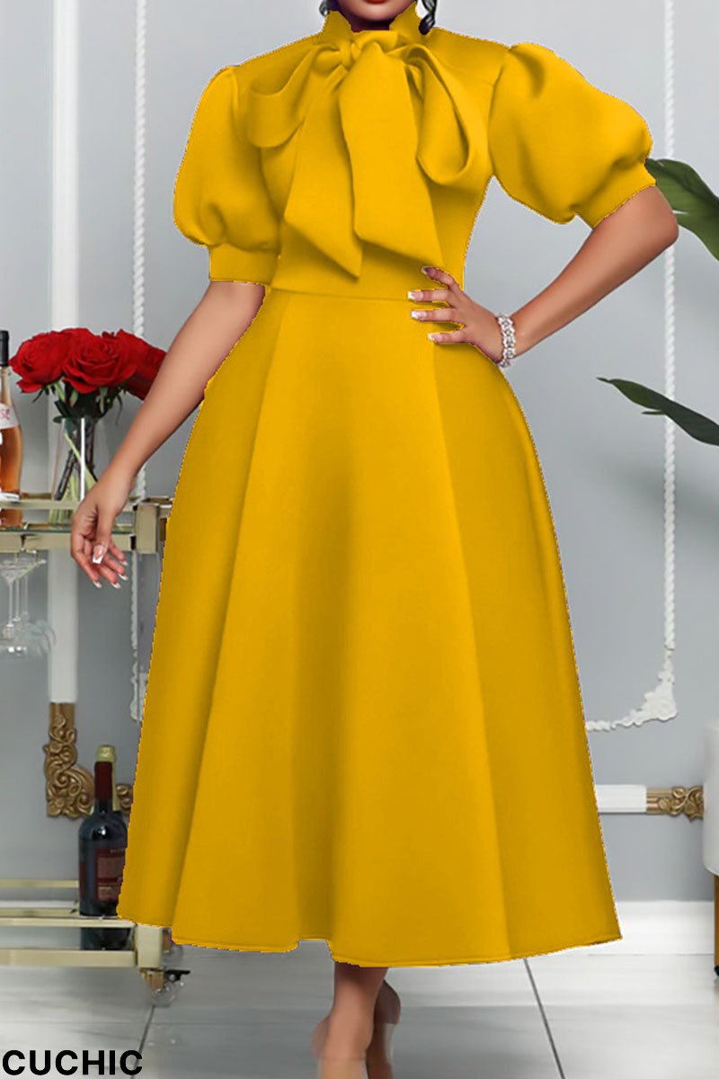 Yellow Elegant Solid Bandage Patchwork O Neck Evening Dress Dresses-CuChic